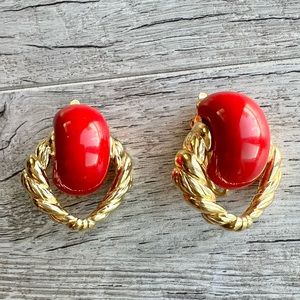 Trifari Vintage Red & Gold Clip-On Earrings
